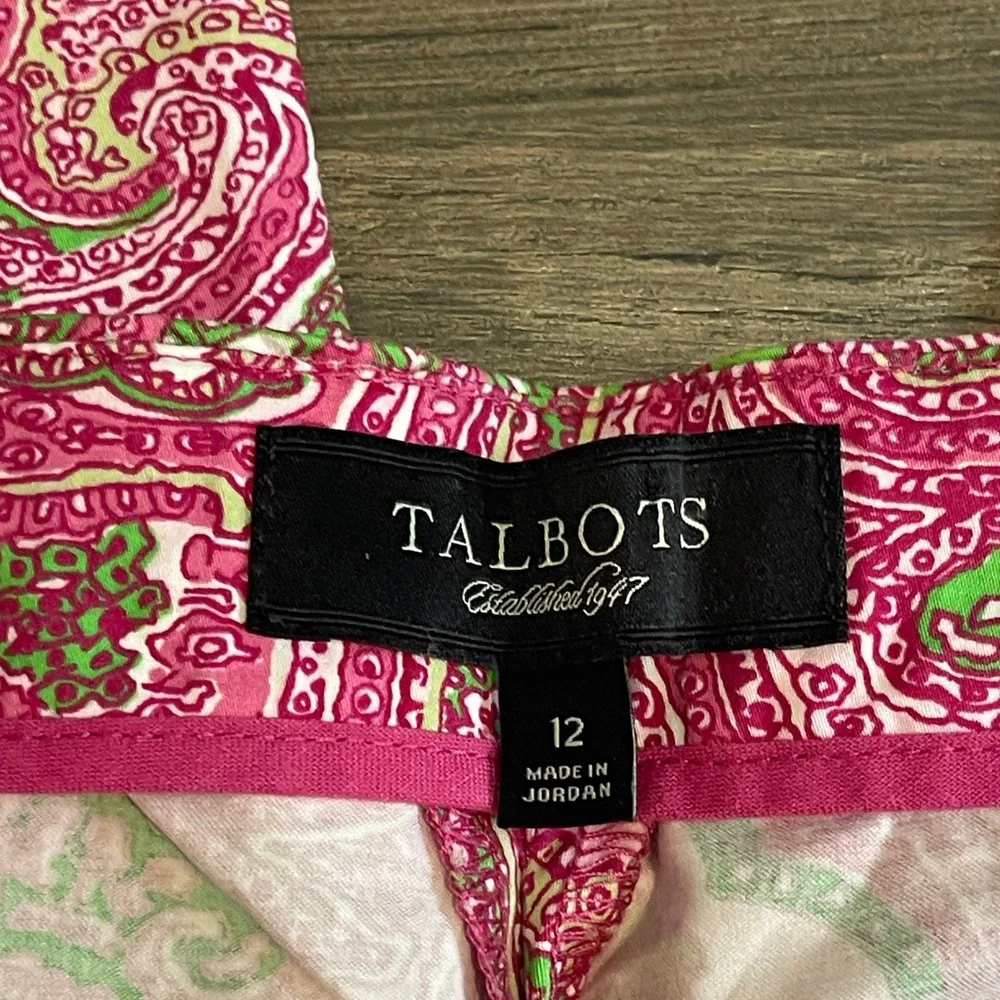 Talbots Womens Pink Green Paisley Classic Side Zip Cropped Pants Size 12 Cotton